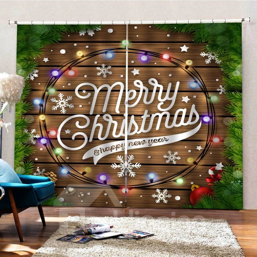 Christmas 3D Digital Print Blackout Living Room Curtain with Wood and Fancy Lantern Pattern by BeddingInn