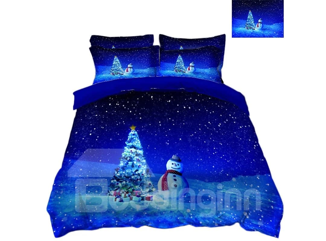 Christmas Tree and Snowman Blue Snowy Night 3D 4-Piece Bedding Sets/Duvet Covers by BeddingInn