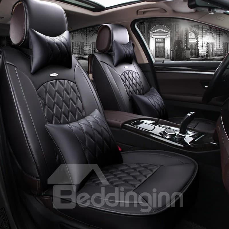 Classic Business Black Color Luxury Grid Style Design Durable PVC Material Universal Five Car Seat Cover by BeddingInn