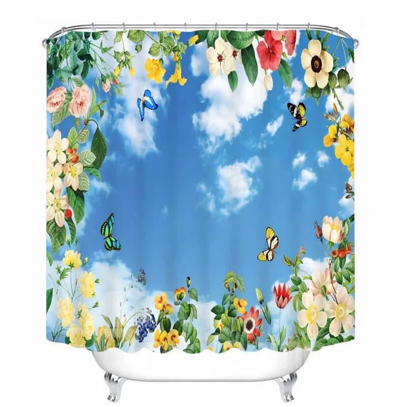 Colored Butterfly and Flower with Blue Sky 3D Printed Bathroom Waterproof Shower Curtain by BeddingInn
