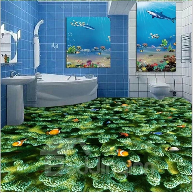 Colorful Fishes Playing in the Green Corals Pattern Decorative Waterproof 3D Floor Murals by BeddingInn