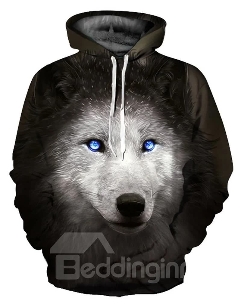 Cool Long Sleeve Wolf with Blue Eyes Pattern 3D Painted Hoodie by BeddingInn