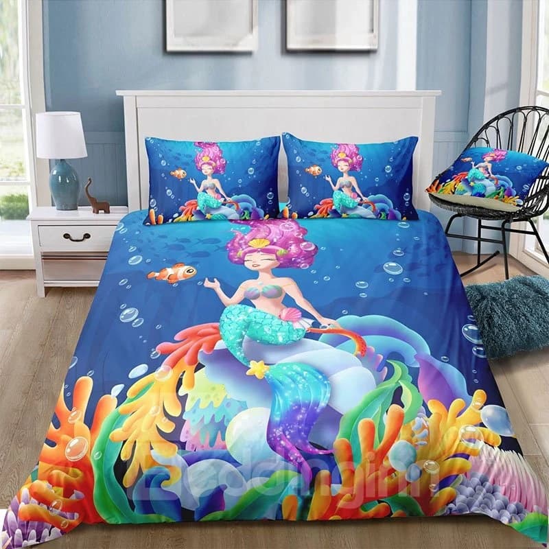Coral and Mermaid 3D Cartoon 3-Piece Blue Duvet Cover Set with 2 Pillowcases by BeddingInn