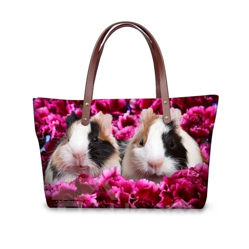 Couple Guinea Pig Floral Waterproof Sturdy 3D Printed for Women Girls Shoulder HandBags by BeddingInn