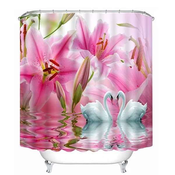 Couple White Swans with Love in front of the Pink Lily Flowers Print 3D Bathroom Shower Curtain by BeddingInn