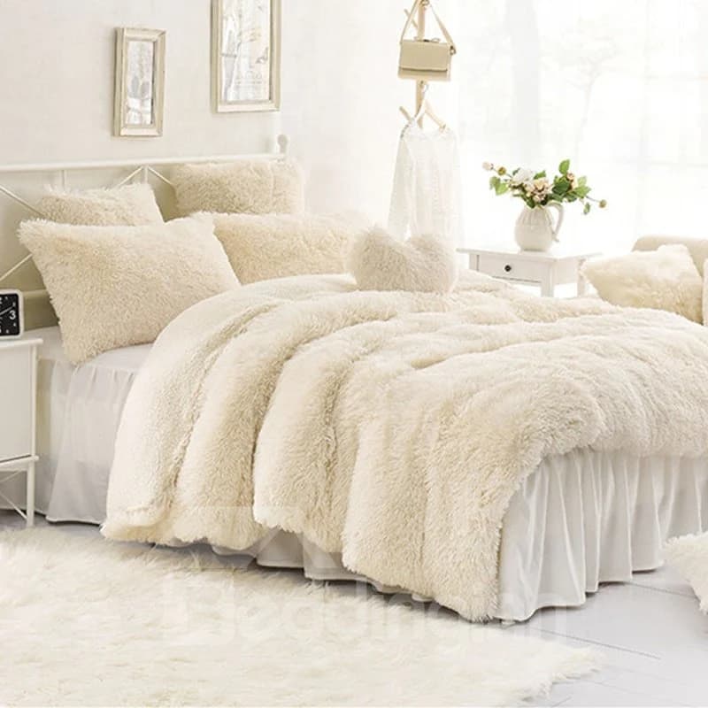 Creamy White Winter Thick Plush Velvet Flannel Soft Warm 4Pcs Zipper Duvet Cover Set by BeddingInn