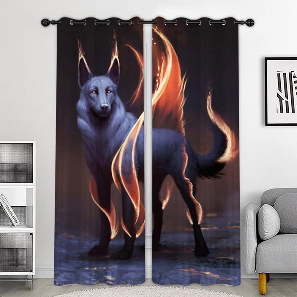 Creative 3D Printed Blackout Curtains White Wolf and Flame Custom 2 Panels Drapes for Living Room Bedroom Decoration No Pilling No Fading No off-lining Heat insulation Sun Protection Waterproof Polyester by BeddingInn
