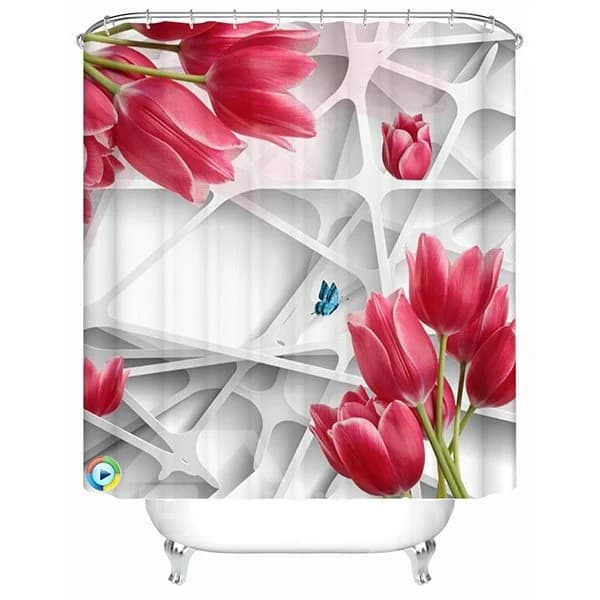 Creative Design Gridding and Red Rose 3D Shower Curtain by BeddingInn