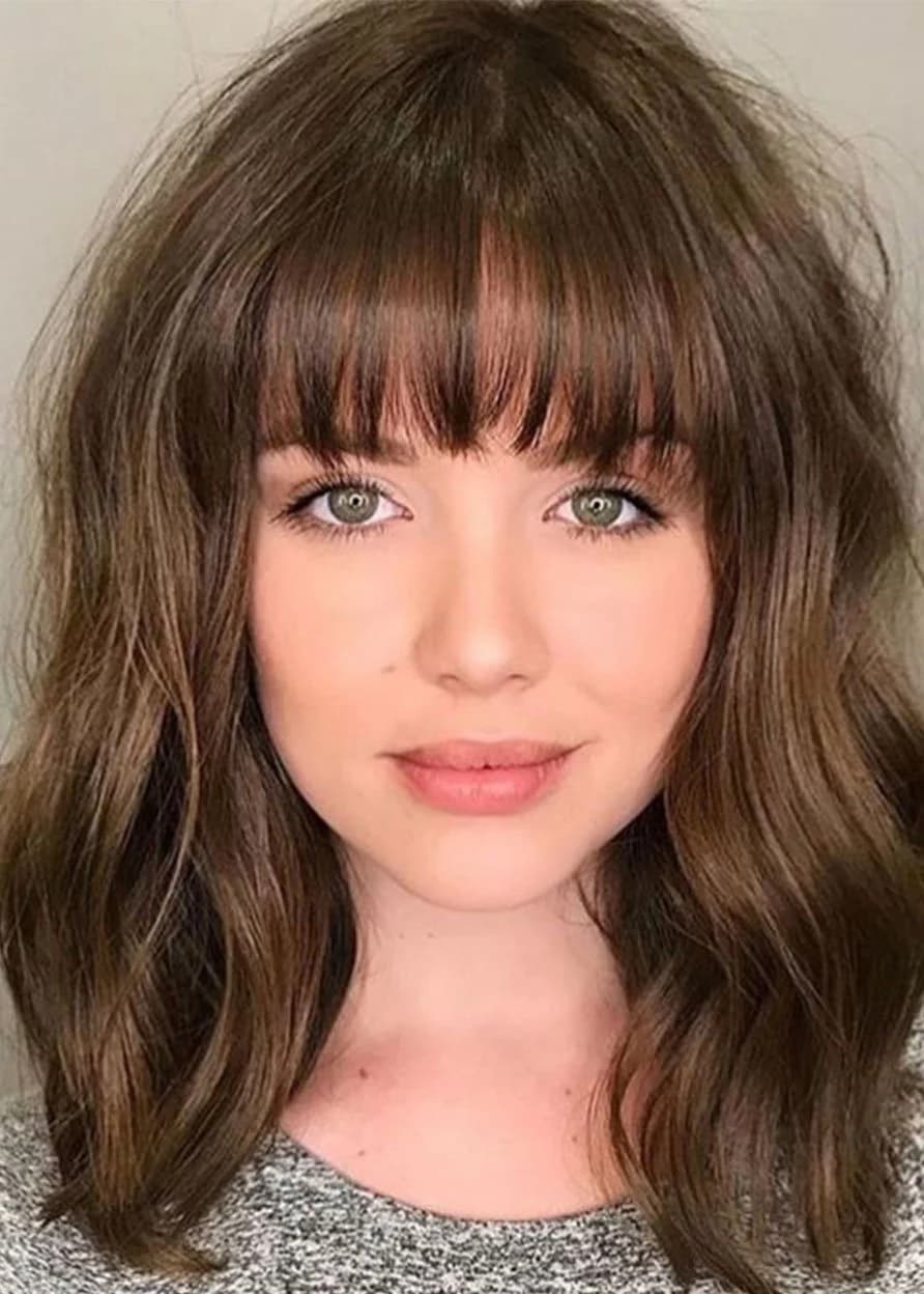Cute Bangs Hairstyles Women's Middle Length Wavy Synthetic Hair Wigs Natural Looking Capless Wigs by BeddingInn