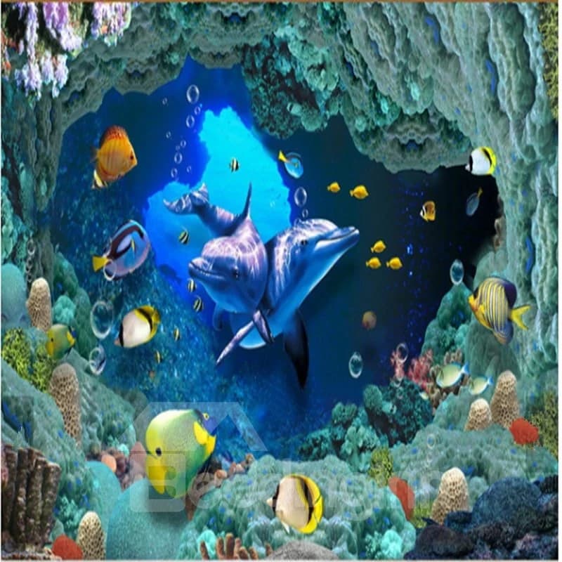 Cute Dolphins and Fishes under the Sea Pattern Healthy Splicing Waterproof 3D Floor Murals by BeddingInn