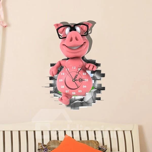Cute Piglet with Glasses 3D Sticker Wall Clock by BeddingInn