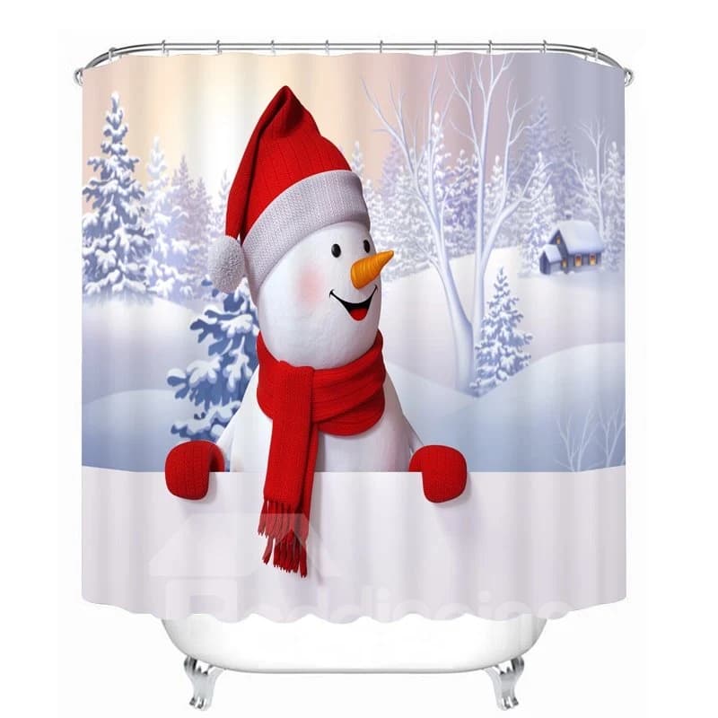 Cute Snowman with Red Scarf and Gloves Smiling Printing Christmas Theme 3D Shower Curtain by BeddingInn