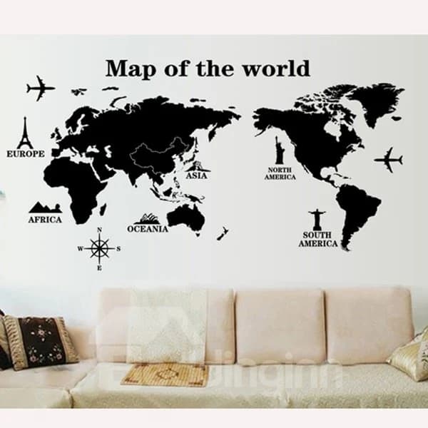 Decorative Black Map of the World Pattern Wall Sticker by BeddingInn