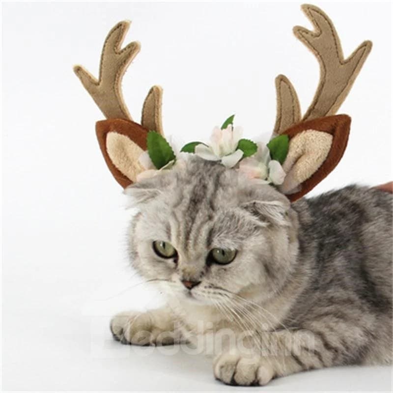Dog Headband Costume with Flowers Holiday Christmas Reindeer Antlers Ears Wearable by BeddingInn