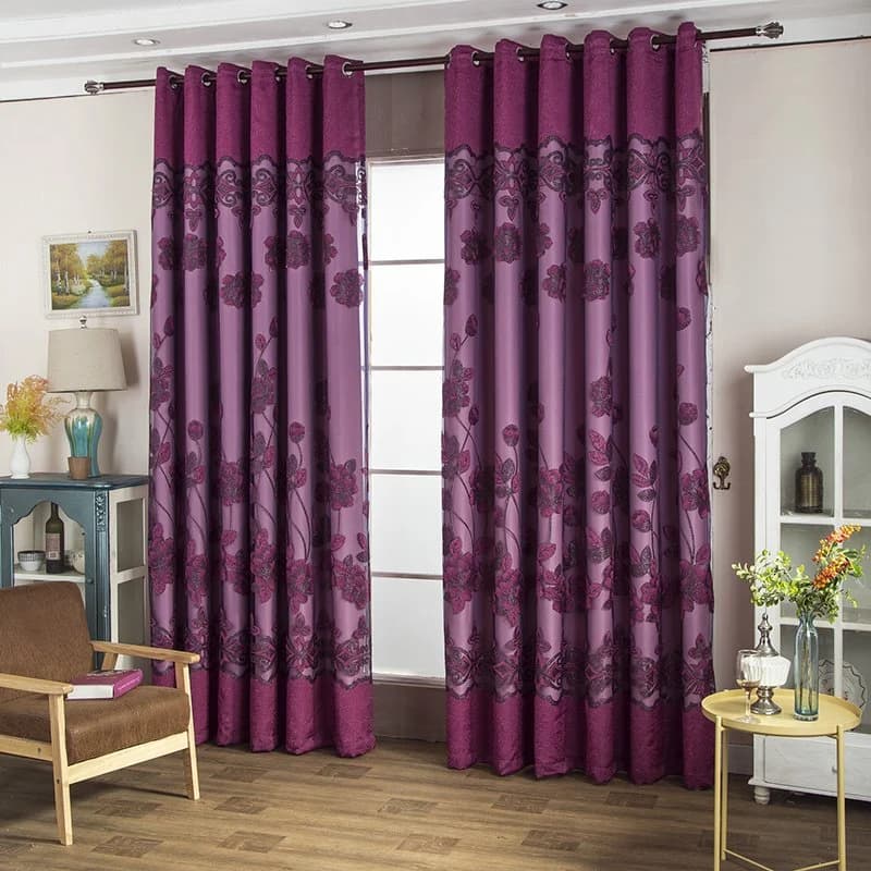 Double Floral Embroidered Curtain Sets Lily Purple Sheer and Lining Blackout Curtains for Living Room Bedroom Window Decoration by BeddingInn