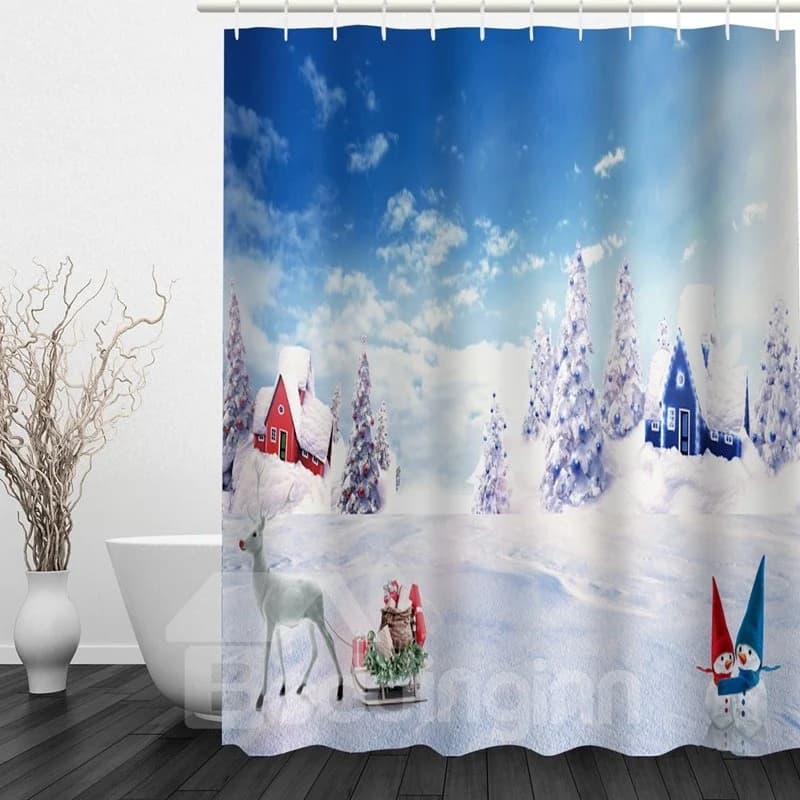 Dreamy Snowmen World Printing Christmas Theme Bathroom 3D Shower Curtain by BeddingInn
