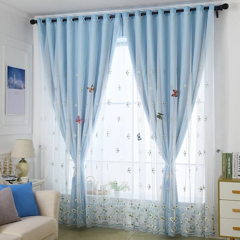 Embroidery Blackout and Decorative Cloth and Sheer Sewing Together Blue 2 Panels Curtain by BeddingInn