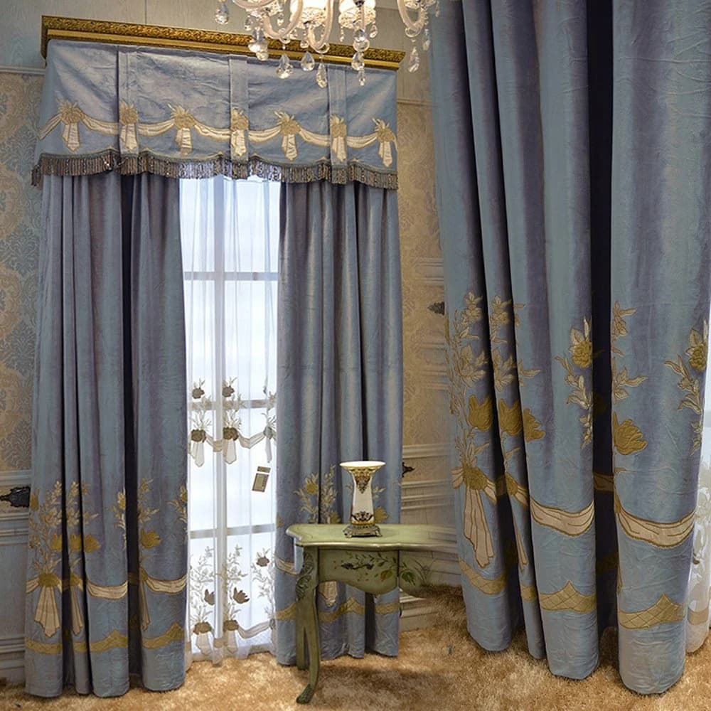 European Blue Green Color Shading Curtains Luxurious Embroidery Floral Curtains for Living Room Bedroom Decoration Custom 2 Panels Drapes No Pilling No Fading No off-lining Flannel by BeddingInn