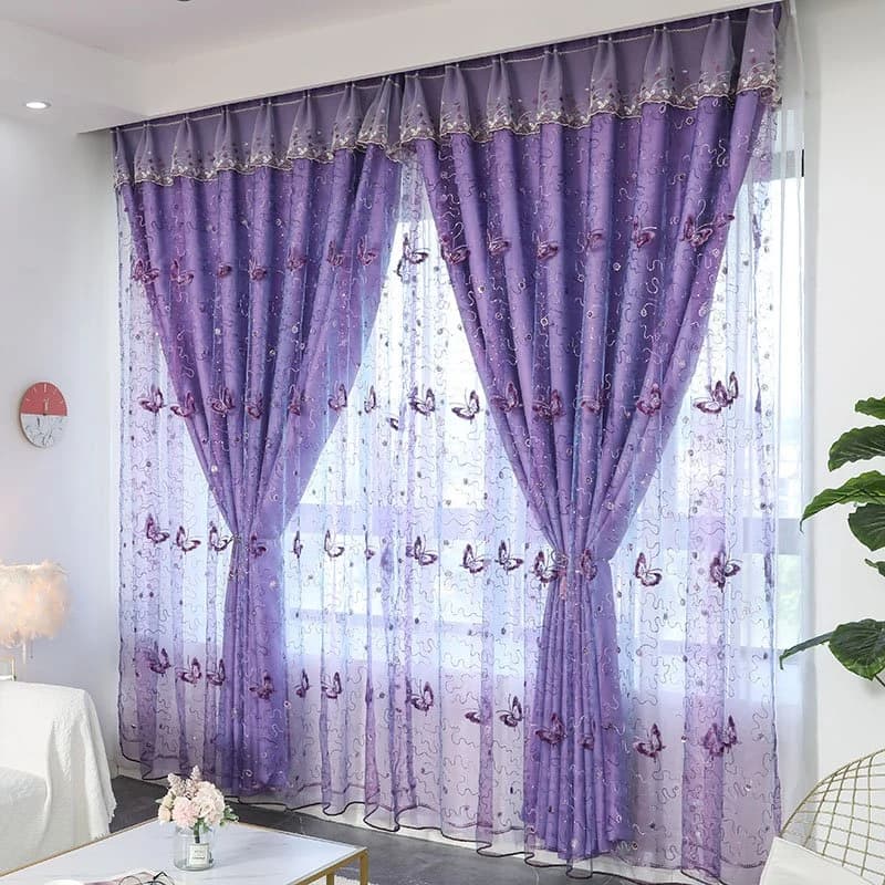European Butterfly Embroidery Purple Curtain Sets Sheer and Lining Blackout Curtain for Living Room Bedroom Decoration No Pilling No Fading No off-lining by BeddingInn