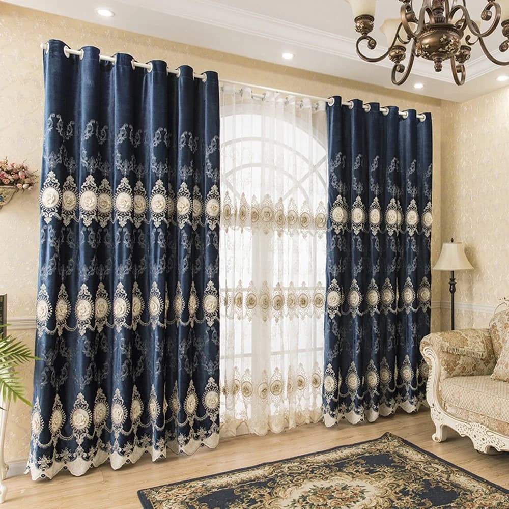 European Thicken Embossed Embroidered Shading Curtains Blue Velvet Blackout Curtain for Living Room Bedroom Decoration Custom 2 Panels Drapes No Pilling No Fading No off-lining by BeddingInn