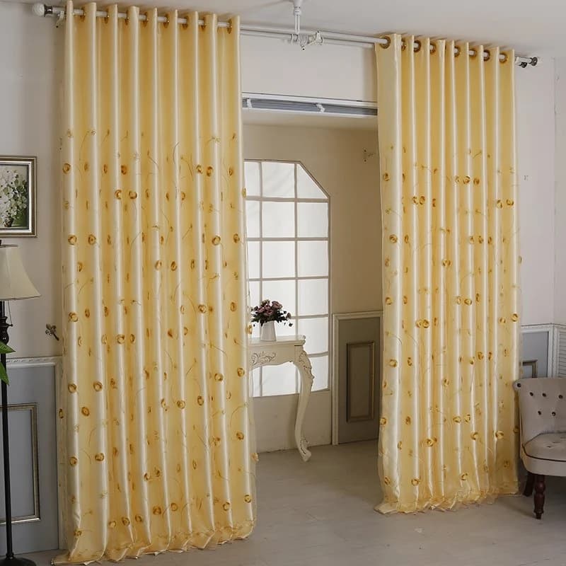 European Yellow Embroidery Floral Curtain Sets Sheer and Lining Blackout Curtain for Living Room Bedroom Decoration by BeddingInn