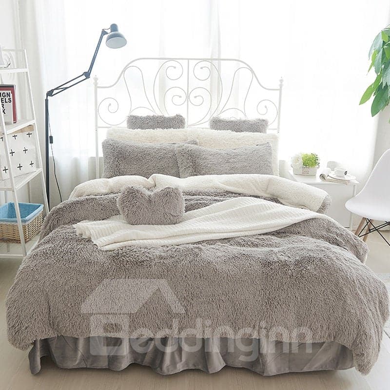 Fluffy Solid Gray and White Color Blocking 4-Bedding Sets/Duvet Cover by BeddingInn