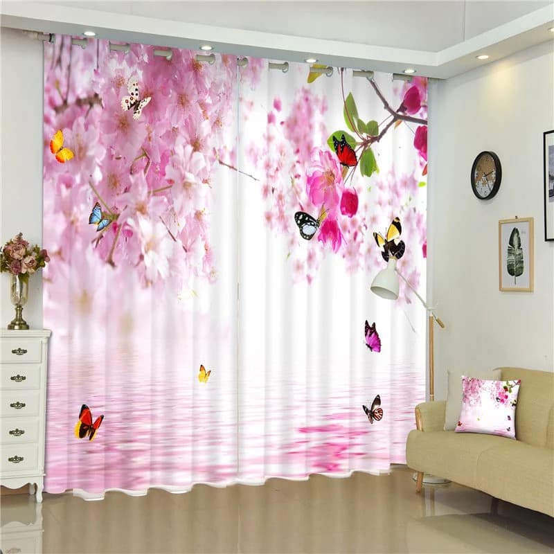 Flying Butterflies and Pink Peach Flowers Sweet Style Living Room and Bed Room 3D Curtain by BeddingInn