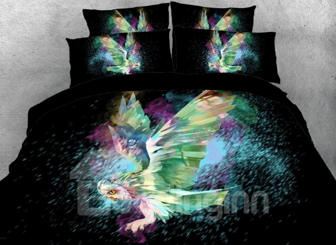 Flying Owl Printed 4-Piece Black 3D Bedding Sets/Duvet Covers by BeddingInn