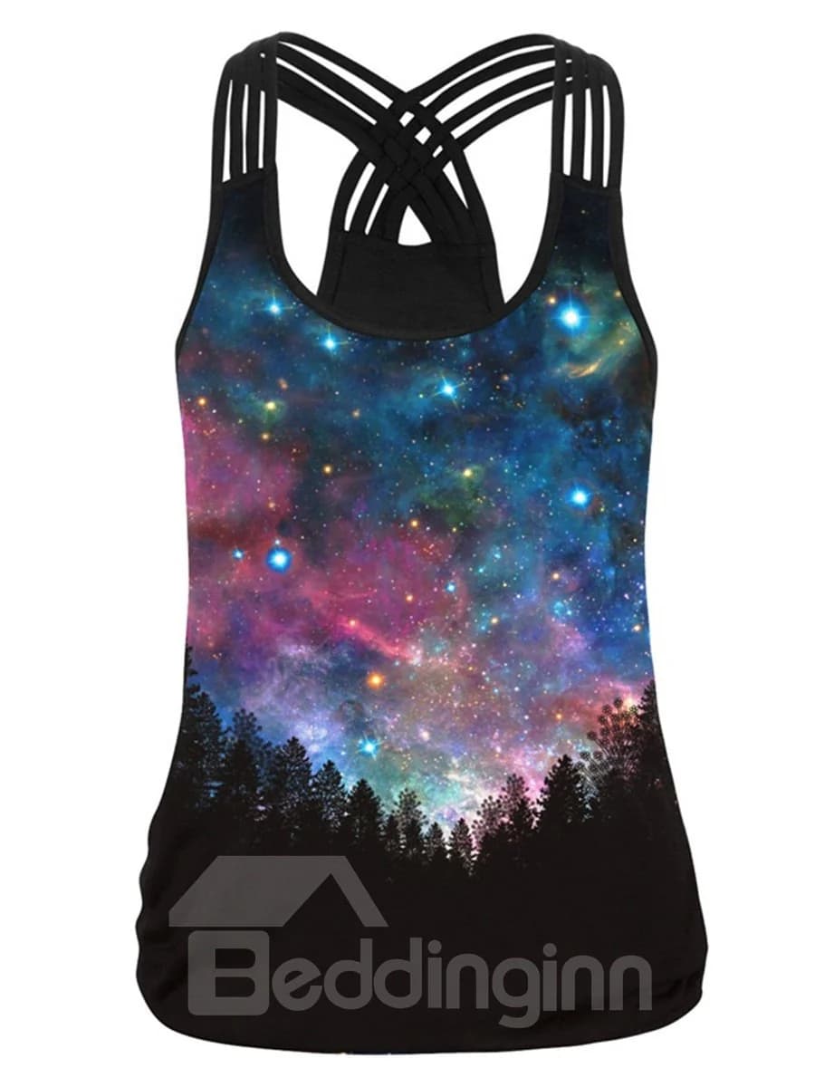 Galaxy Night Forest Mystery 3D Pattern Round Neck Sleeveless Tank Top by BeddingInn