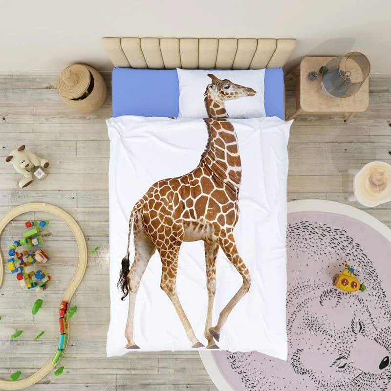 Giraffe 4-Piece Duvet Cover Set 3D Animal Print Bedding Wear-resistant Breathable High Quality 60s Cotton Satin Soft Comfortable Blue by BeddingInn
