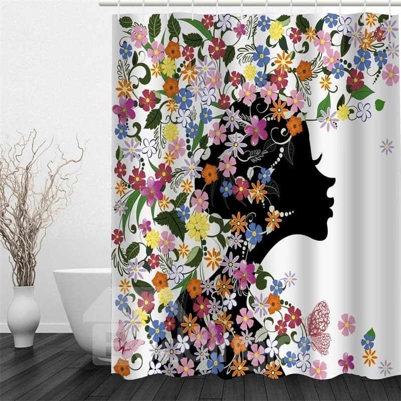 Girl towards Right Surrounded by Flowers Polyester Waterproof and Eco-friendly 3D Shower Curtain by BeddingInn