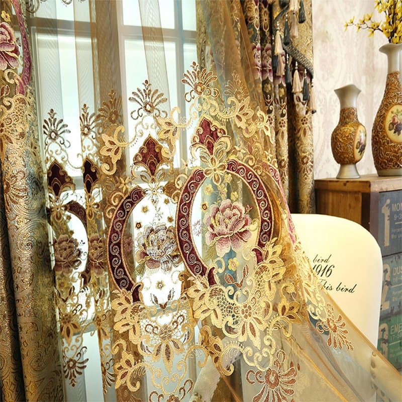 Gorgeous Tulle Luxury Golden Embroidered Sheer Curtain 2 Panels Decorative Drapes by BeddingInn