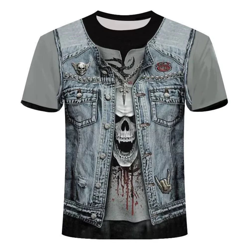 Gray 3D Print Skull Men's T-shirt Denim Creative Casual Couple Outfit Unisex Short Sleeve Round Neck Loose T-shirts by BeddingInn