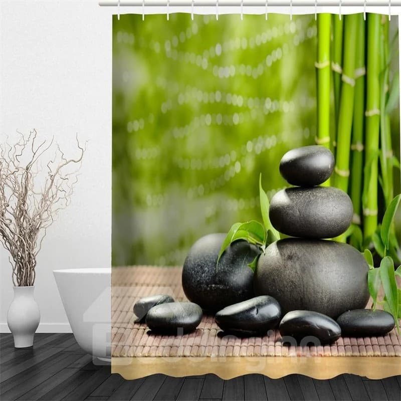 Green Bamboos and Black Stones Polyester Waterproof and Eco-friendly 3D Shower Curtain by BeddingInn