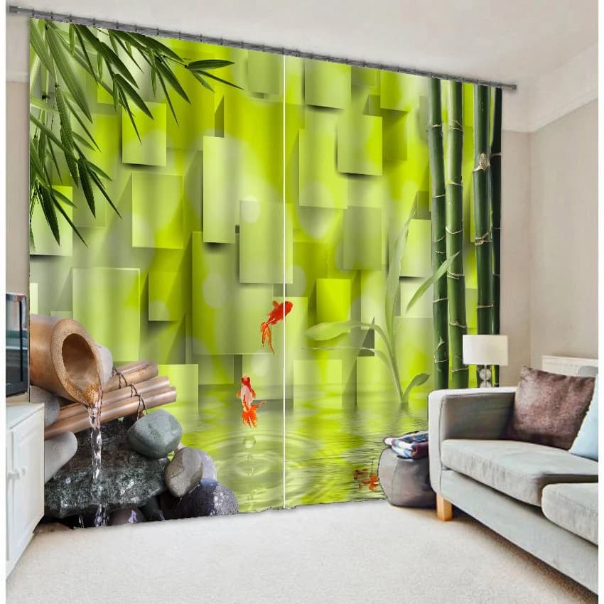 Green Nature Scenery Bamboo and Flowing Water Printed Polyester Custom 3D Curtain by BeddingInn