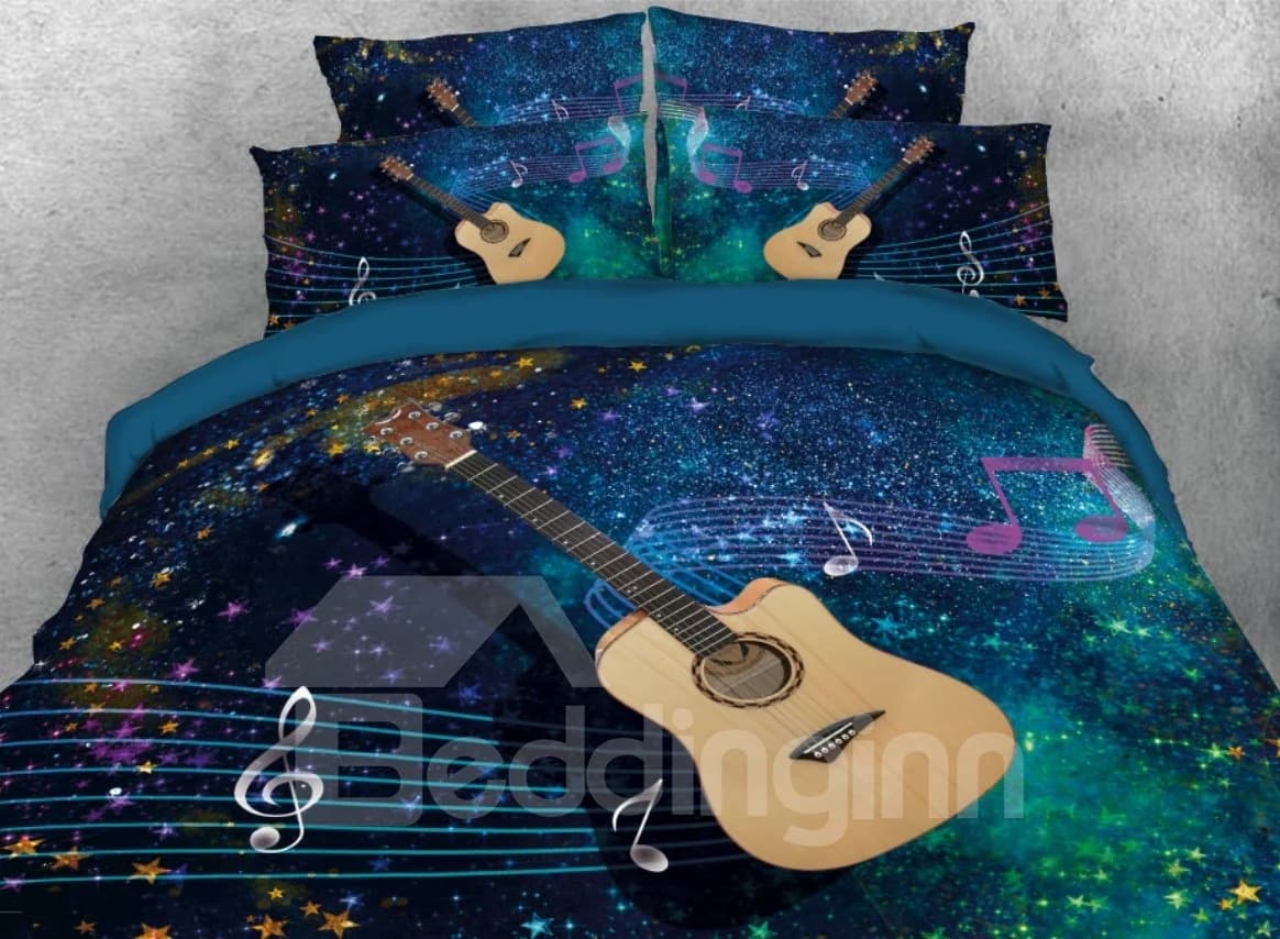Guitar with Musical Notation Printed 3D 4-Piece Bedding Set/Duvet Cover Set Blue by BeddingInn