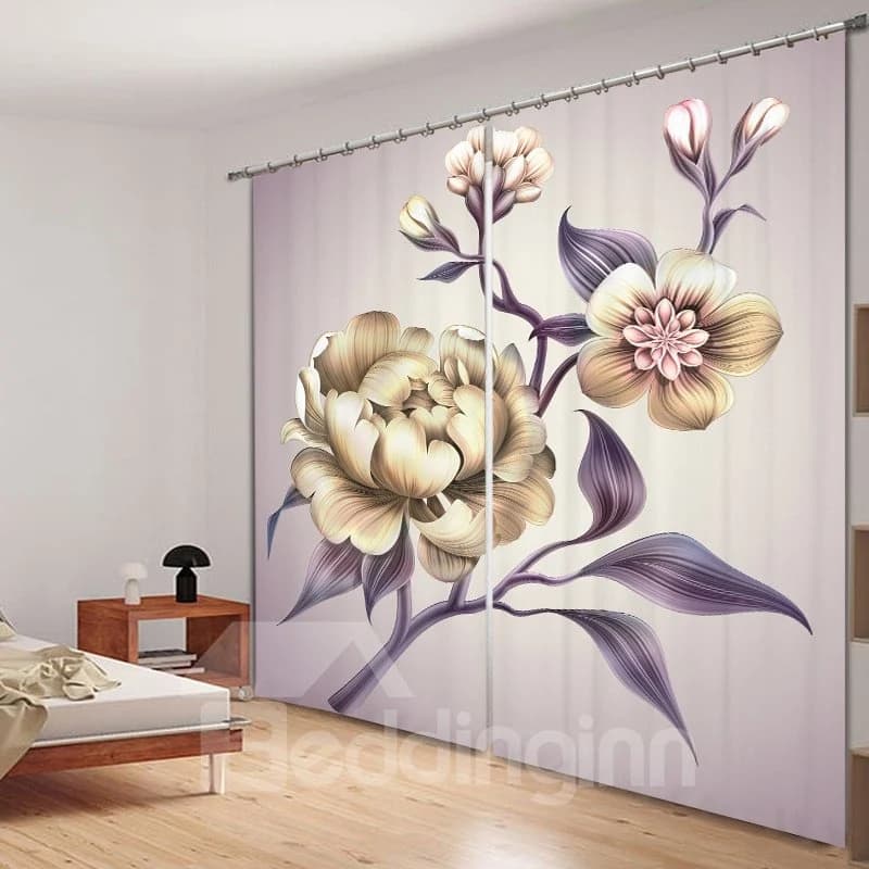 Hand Painted Peony 3D Printing Polyester Curtain by BeddingInn