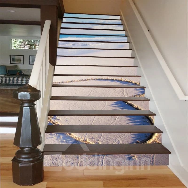 Heart Shape Drawn on The Beach 3D Waterproof Stair Murals by BeddingInn