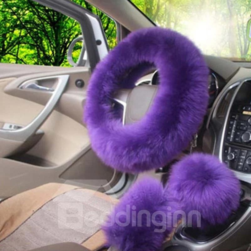 High-Grade Warm Long Plush Material Charming 3-Pieces Medium Car Steering Wheel Cover Sets Suitable for Most Round Steering Wheels by BeddingInn