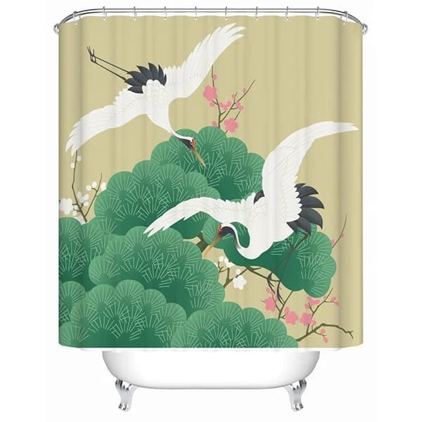 Leisurely Red-Crowned Cranes and Scenery Print 3D Bathroom Shower Curtain by BeddingInn