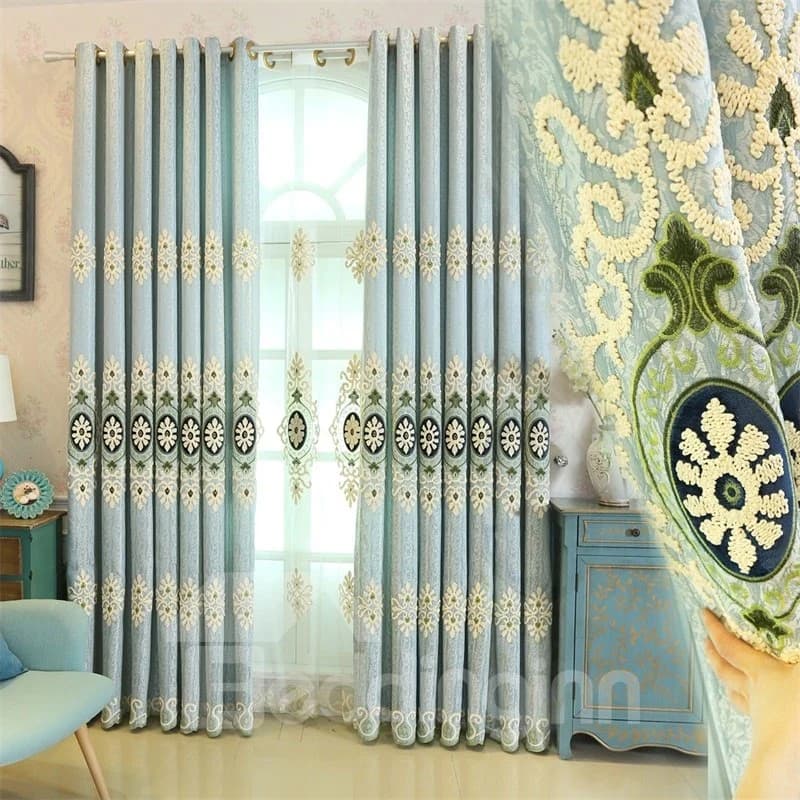 Light Blue High Quality Chenille 2 Pieces Decorative and Breathable Living Room Drapes by BeddingInn