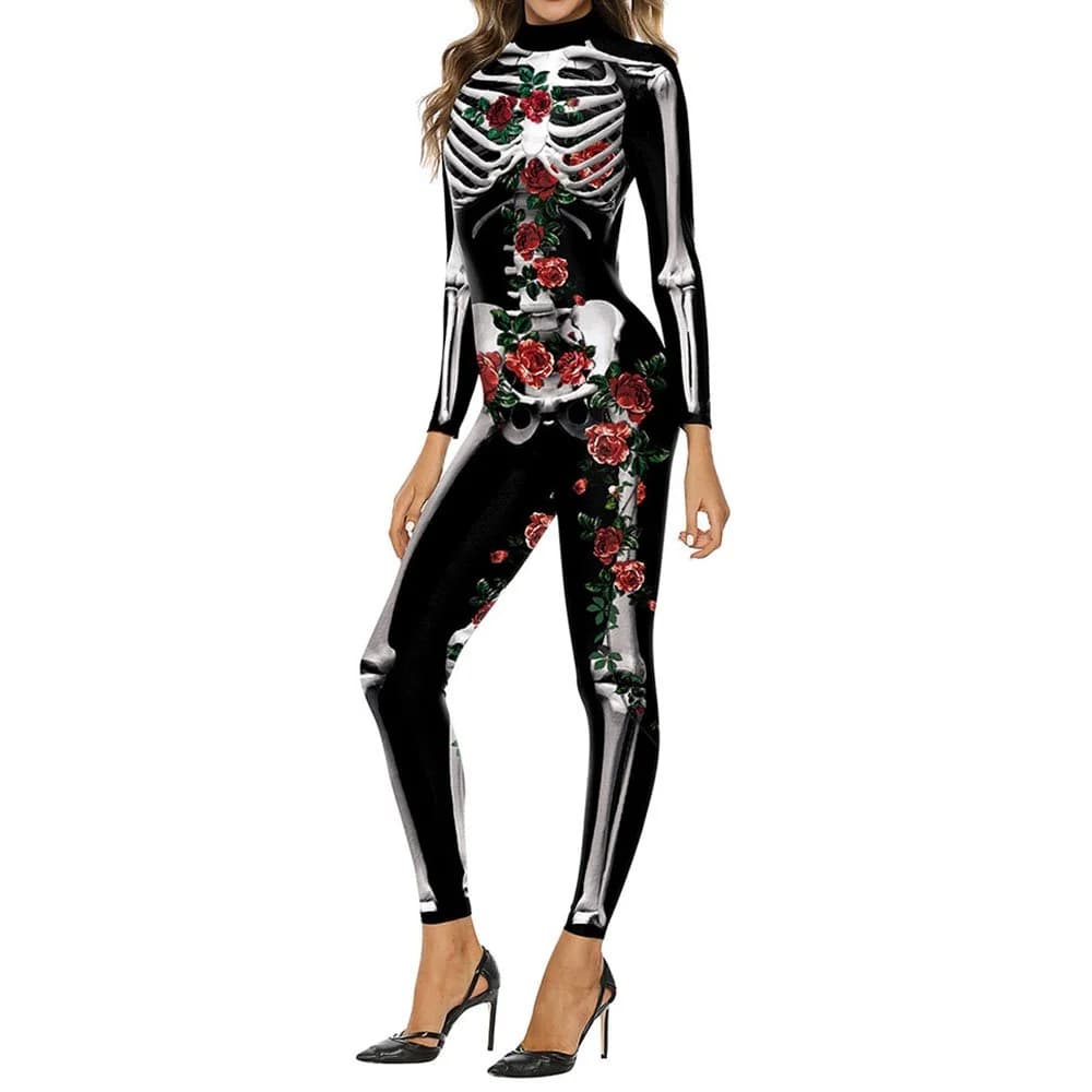 Long Sleeve 3D Halloween Skull Rose Printed Cosplay Theme Party Jumpsuit Spring Fall Costumes for Women by BeddingInn
