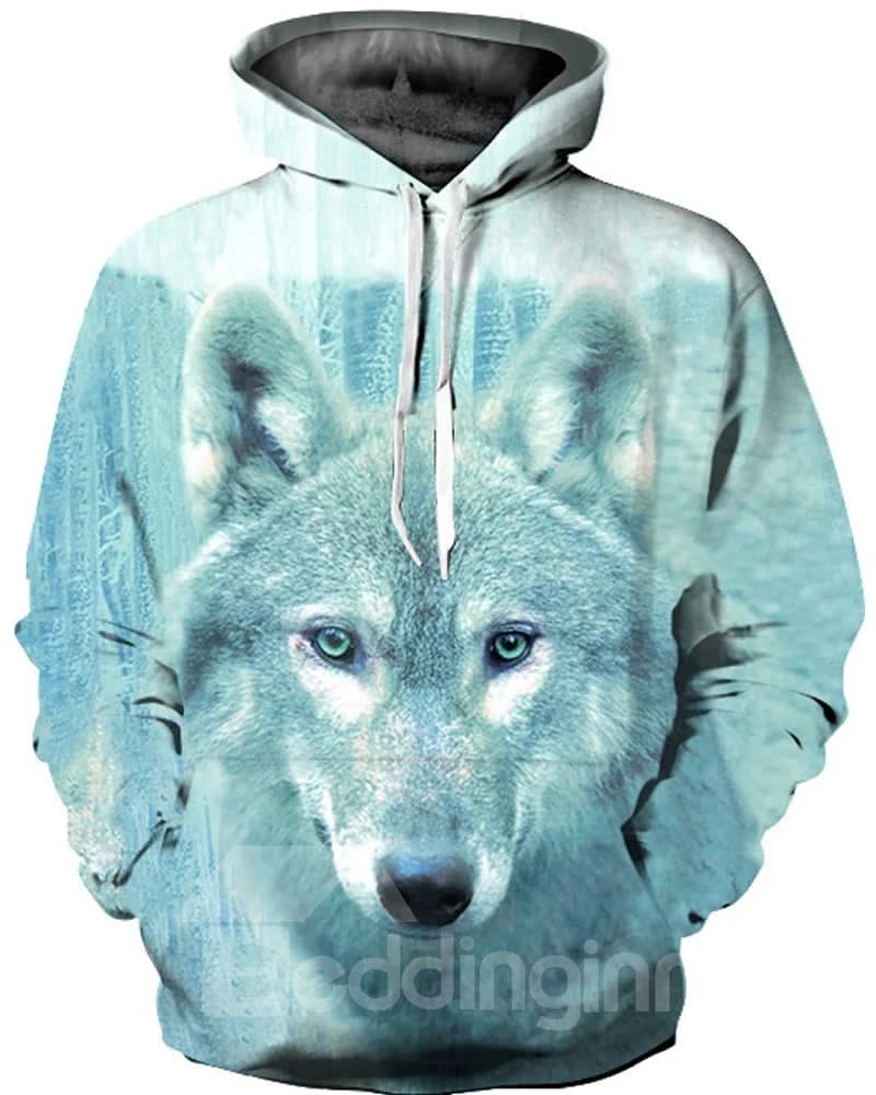 Long Sleeve Blue Wolf Pattern 3D Painted Hoodie by BeddingInn