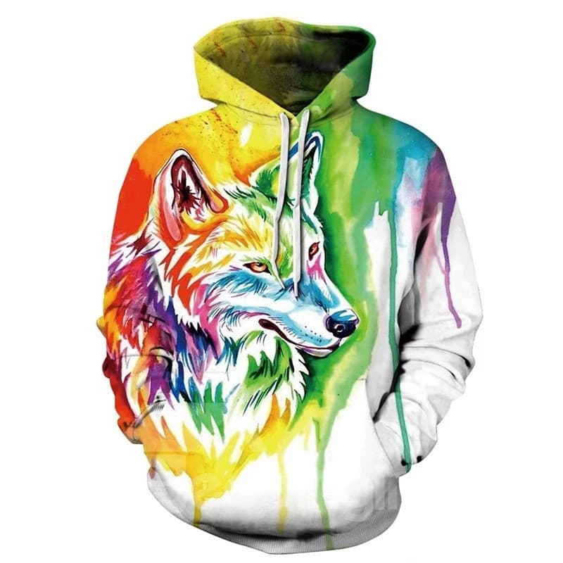 Long Sleeve Colorful Wolf Pattern 3D Painted Hoodie by BeddingInn