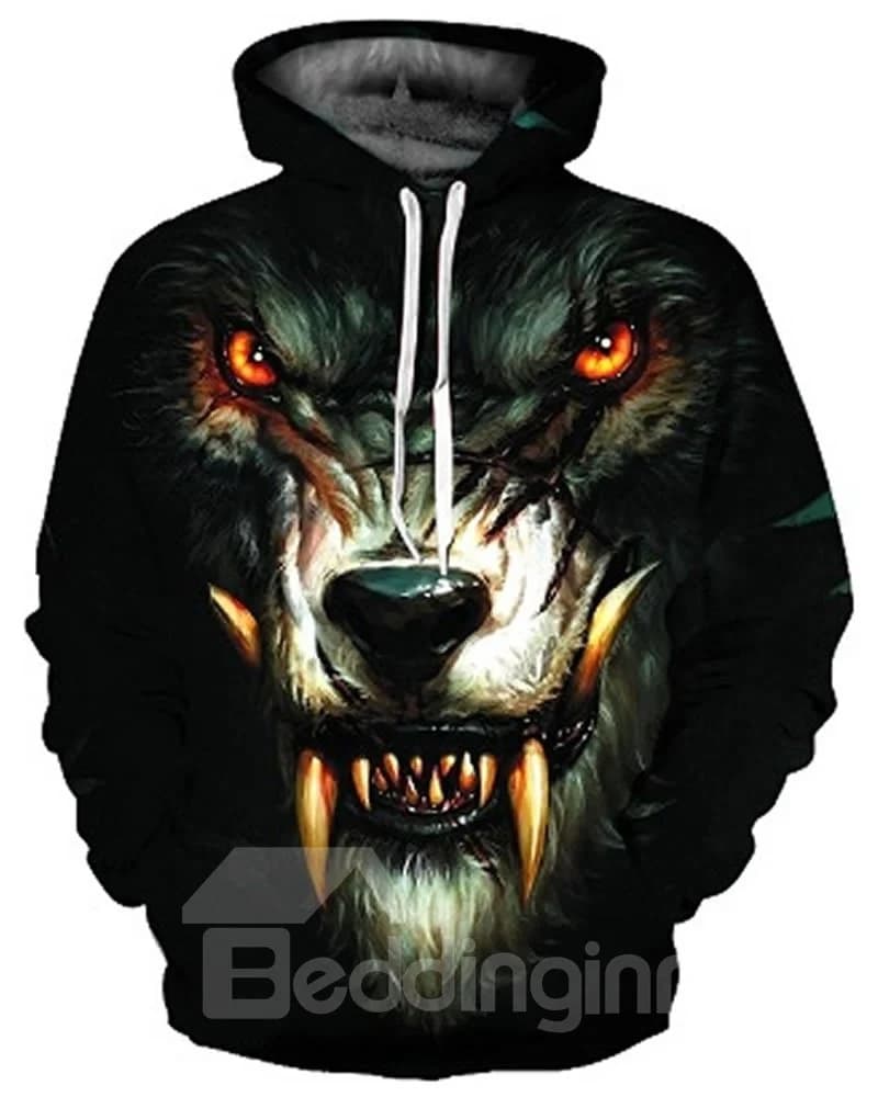 Long Sleeve Ferocious Wolf Face Digital Pattern 3D Painted Hoodie by BeddingInn