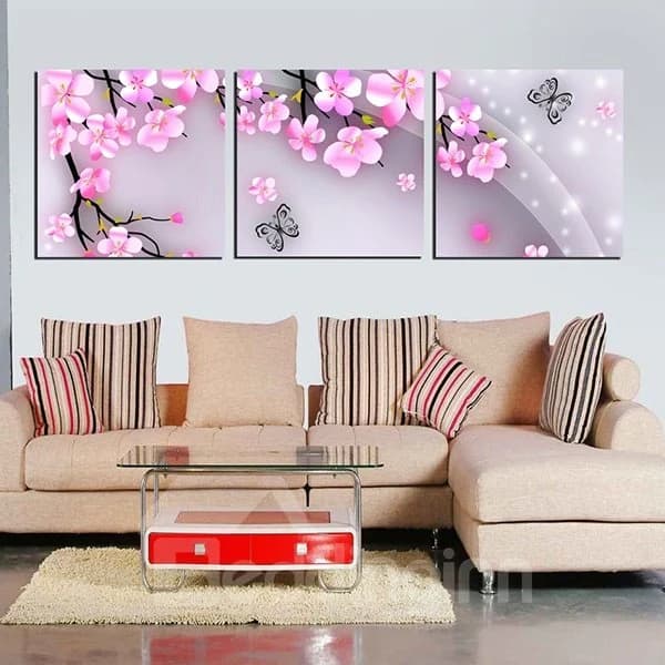 Lovely Little Pink Flowers and Butterfly 3-Panel Canvas Art Deco Posters Prints by BeddingInn