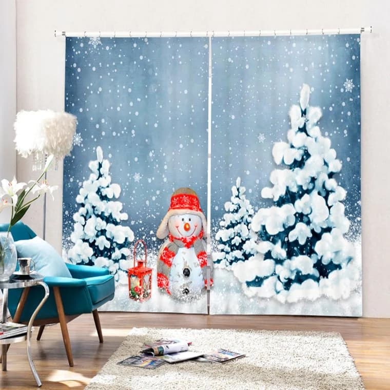 Lovely Snowman Standing near the Pine Printing Christmas Theme 3D Curtain by BeddingInn