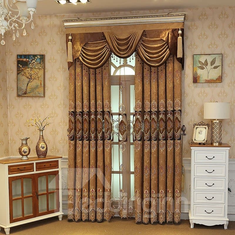 Luxury Coffee color Embroidered Floral Royal Style 2 Panels Custom Curtains by BeddingInn