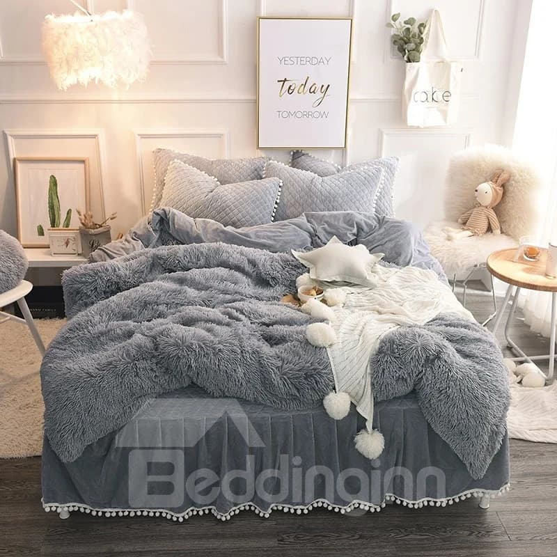 Luxury Plush Shaggy Duvet Cover Set Winter Soft Warm Gray Thick Mink Wool Bed Skirt 4Pcs Fluffy Bedding Sets Solid Zipper Closure by BeddingInn