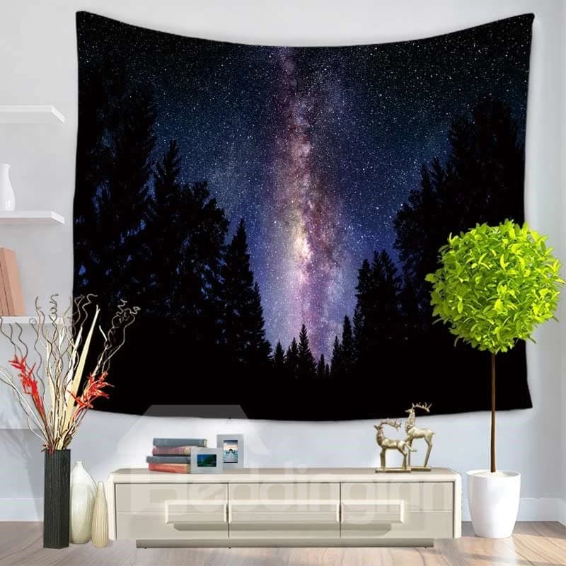 Magical Dark Forest and Galaxy Space Pattern Decorative Hanging Wall Tapestry by BeddingInn